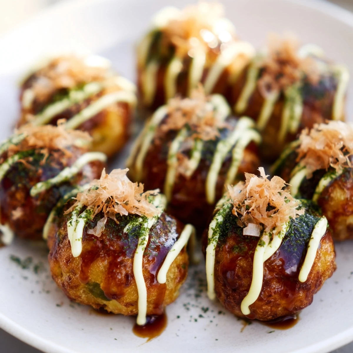 Golden brown Takoyaki balls drizzled with savory sauce and dancing bonito flakes