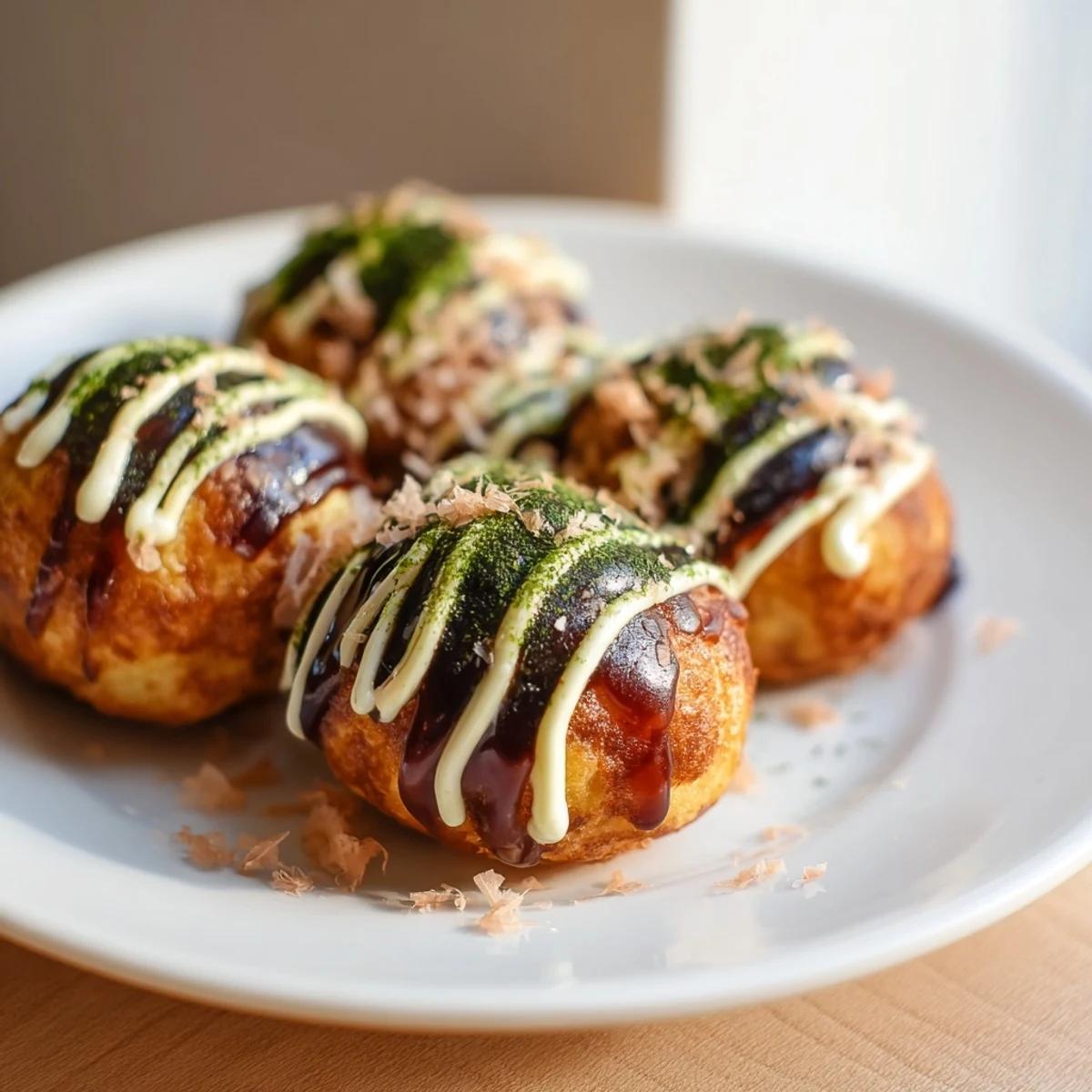 Hot octopus-filled Takoyaki served with traditional toppings and wooden skewers ready
