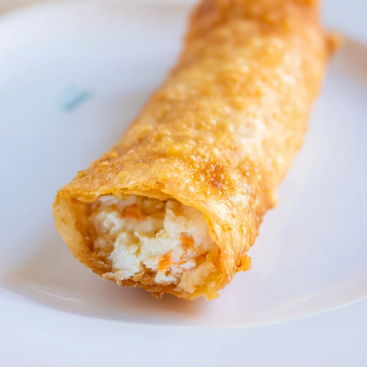 Crispy fried Crab Rangoon egg rolls served on white plate with sweet chili dipping sauce