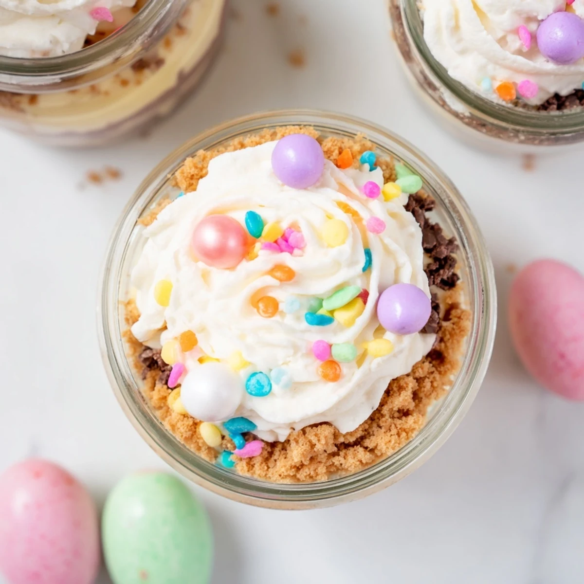 Festive Easter Egg Cheesecake served in clear glasses with crushed cookie crust and colorful candy decorations