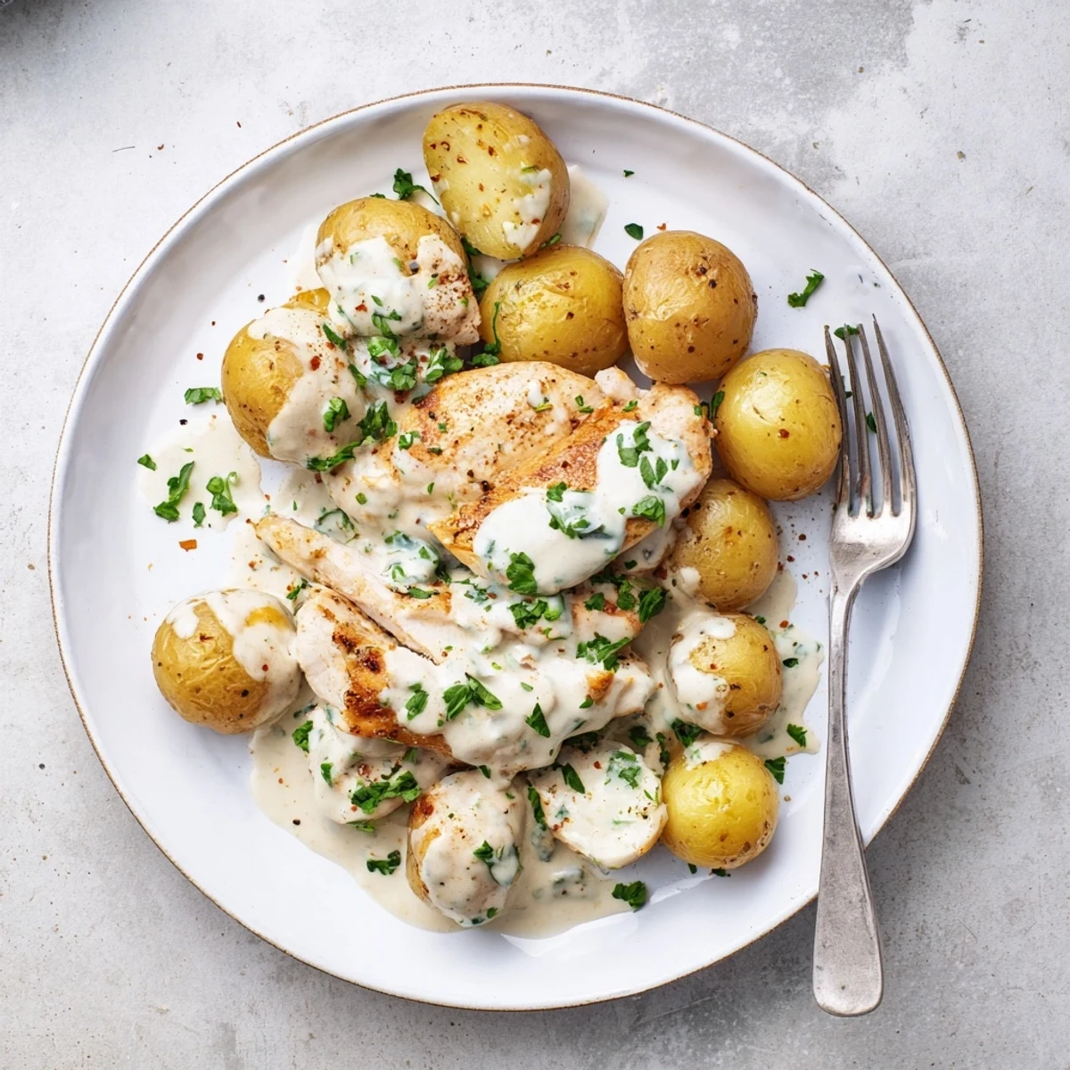 Golden chicken breasts and baby potatoes swimming in rich garlic Parmesan cream sauce