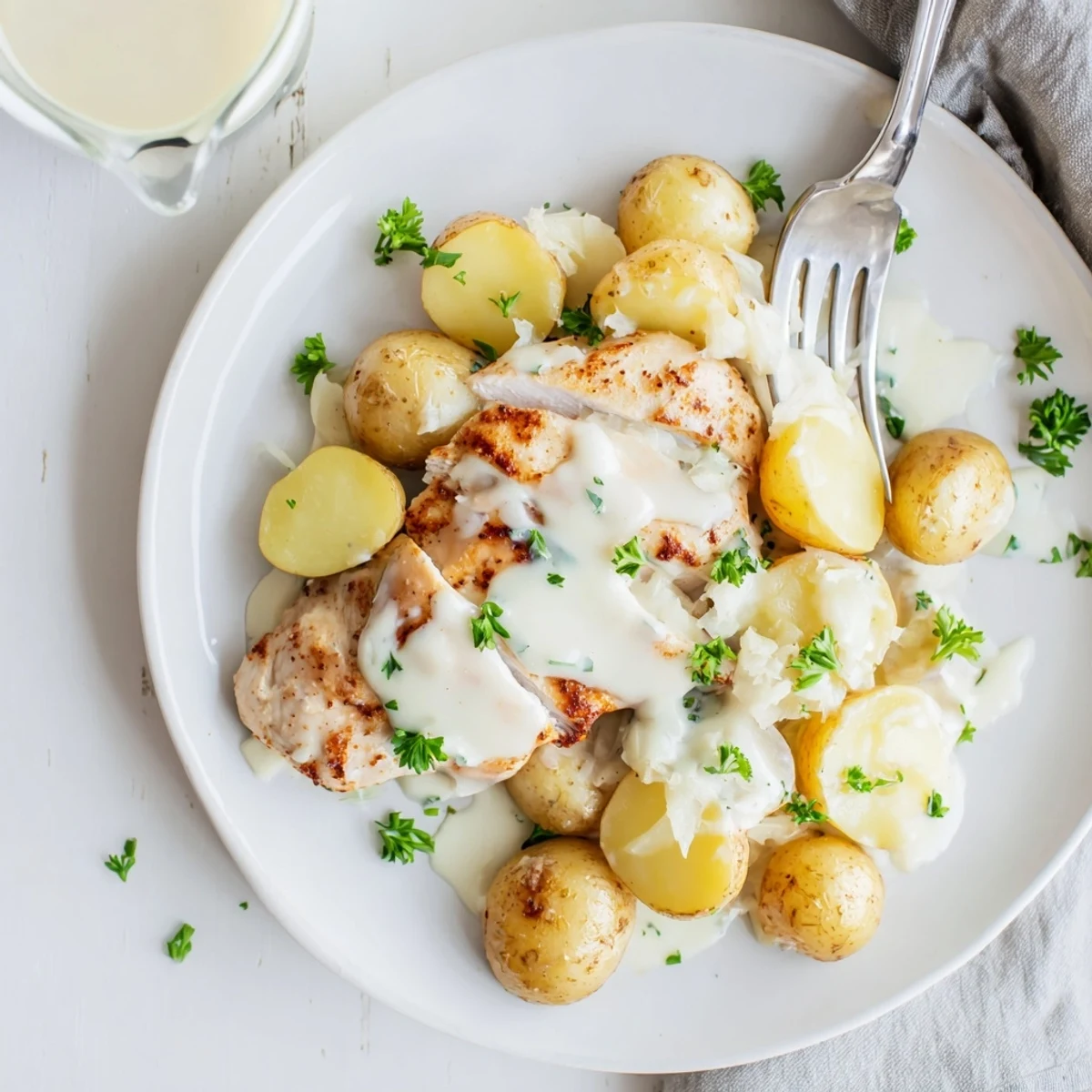 Baked chicken and potatoes dish topped with melted Parmesan and fresh green parsley