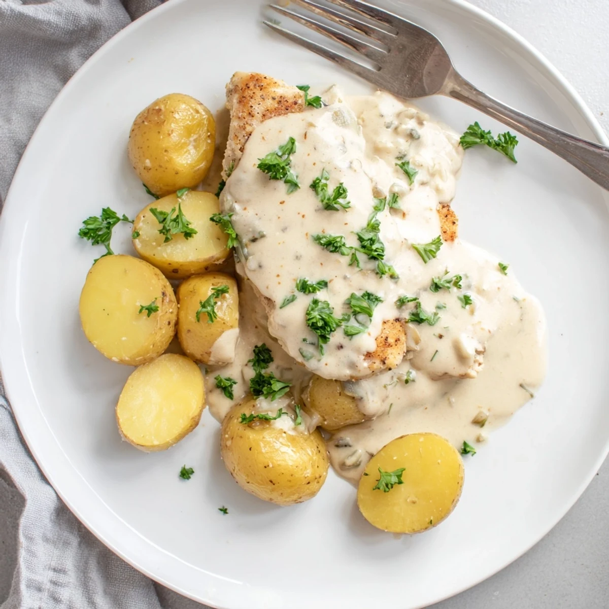 Tender one-pan chicken and potatoes in a thick white cream sauce with garlic