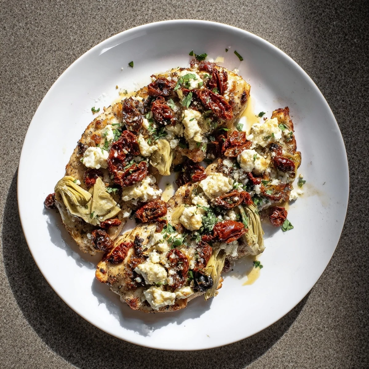 Golden broiled chicken breast topped with marinated artichoke hearts and crumbled feta cheese