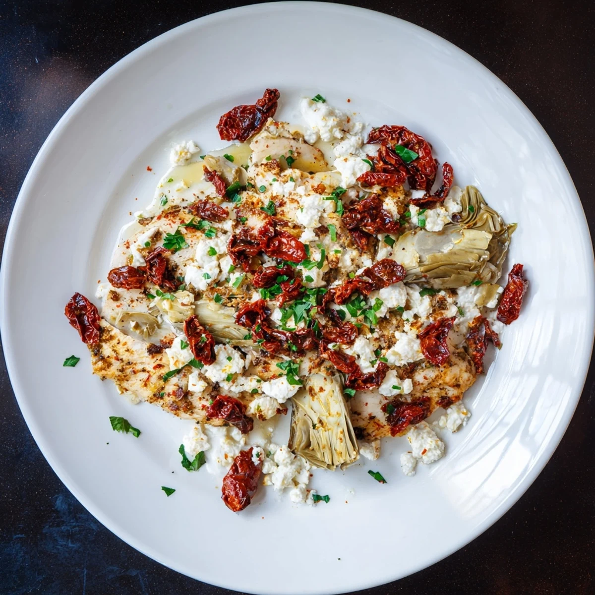 Chicken breasts broiled until golden with artichoke hearts, sun-dried tomatoes, and melted feta topping