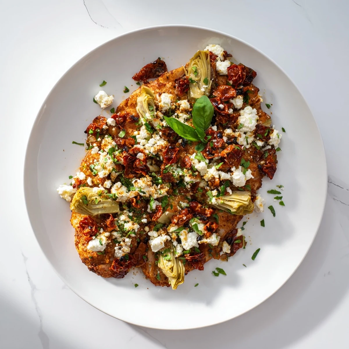 Mediterranean-style broiled artichoke chicken featuring tender meat, tangy feta, and fresh herb garnish