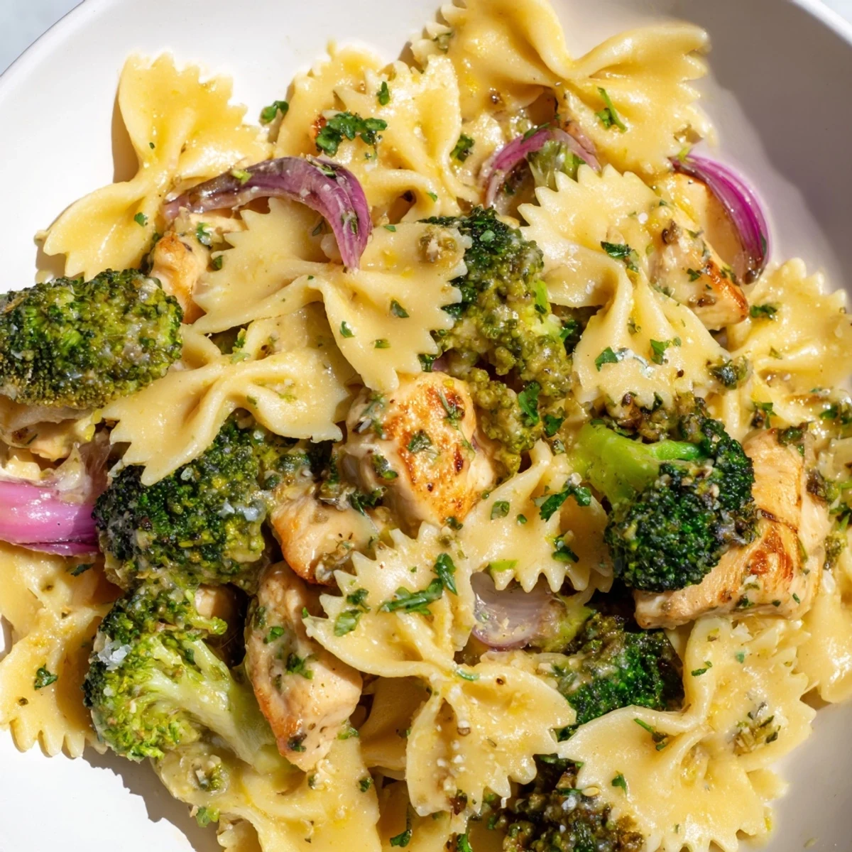 Golden bowtie pasta tossed with tender chicken and crisp broccoli in zesty cowboy butter lemon sauce