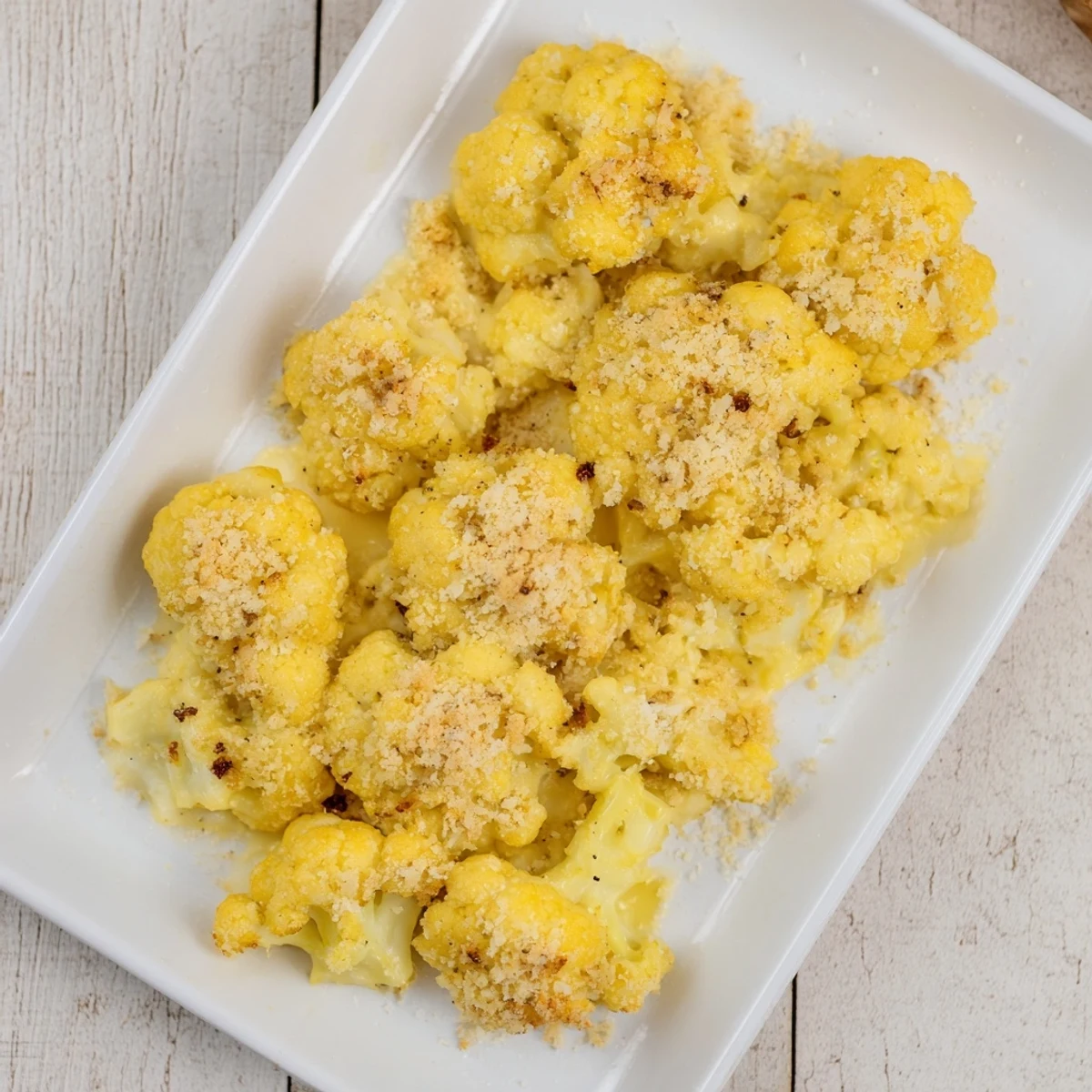 Golden bubbling cauliflower casserole with melted cheddar and crispy panko topping