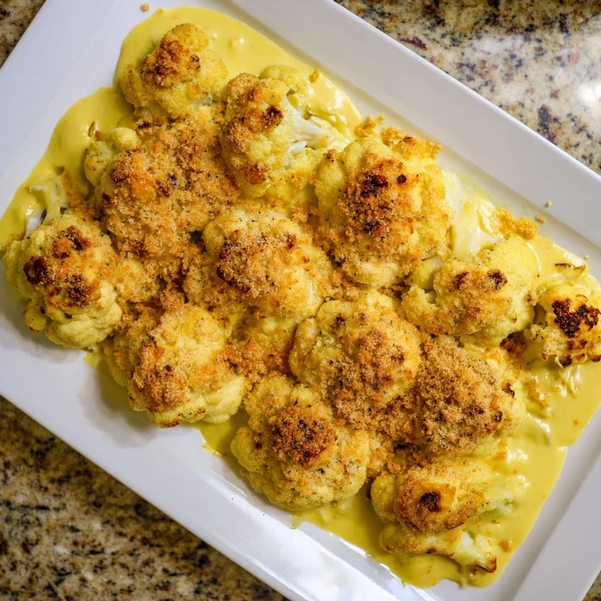 Hearty cauliflower casserole sprinkled with Parmesan breadcrumbs fresh from the oven