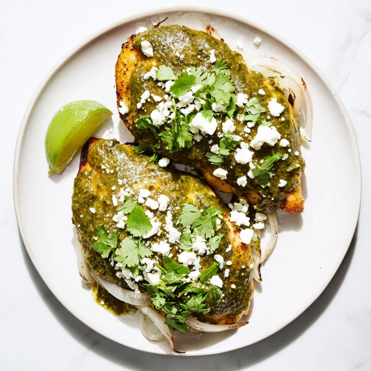 Tender chicken breasts nestled in vibrant green salsa verde sauce with fresh cilantro garnish