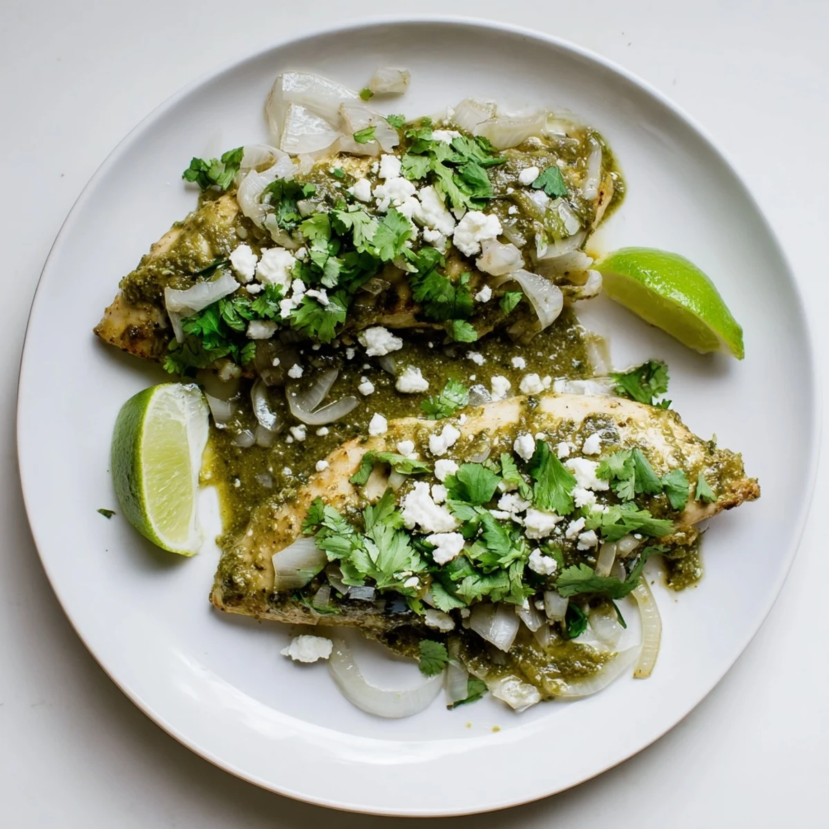 Golden seared chicken simmering in zesty salsa verde topped with crumbled queso fresco and lime