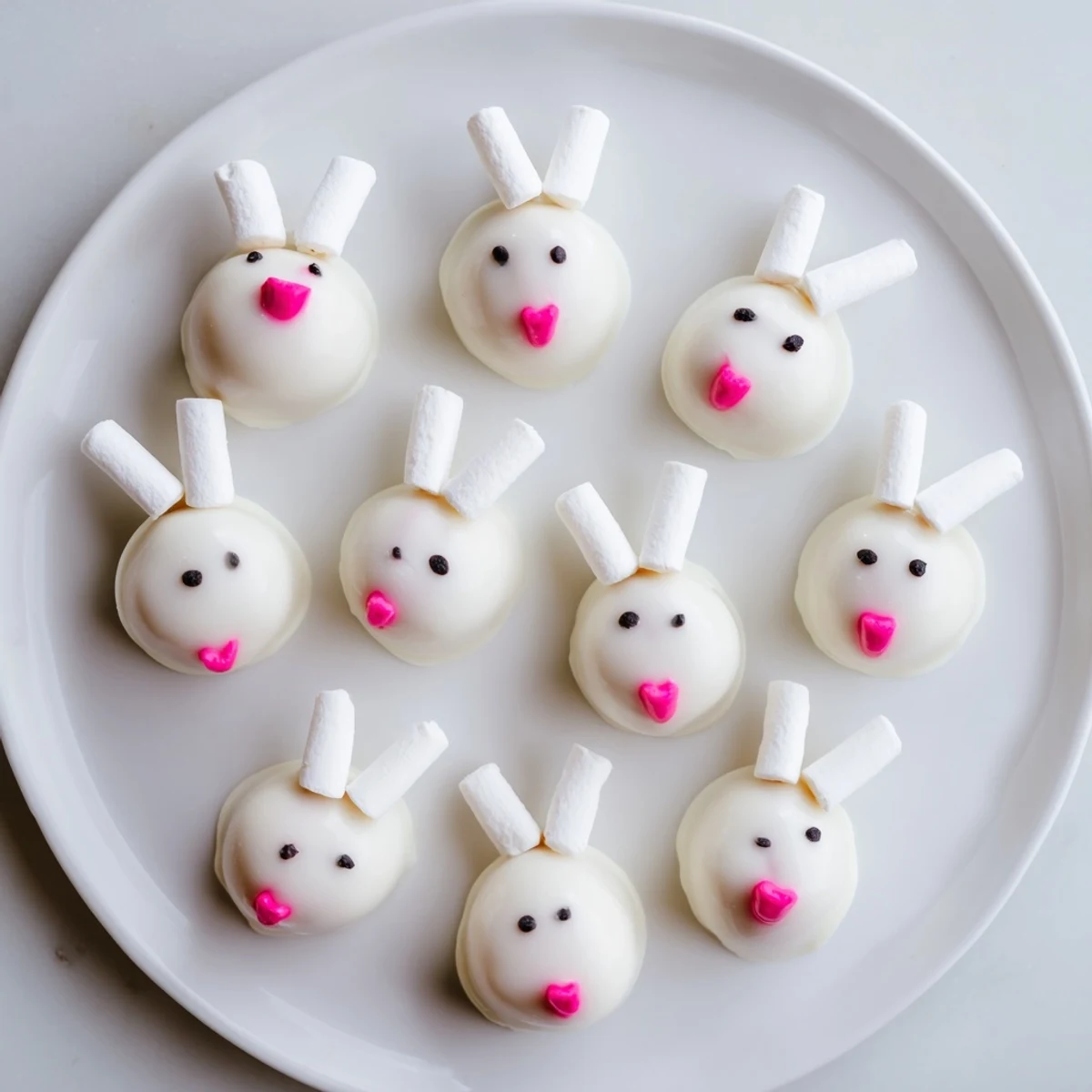 Adorable Easter dessert featuring Oreo truffles shaped like bunnies with pink candy details and sprinkles