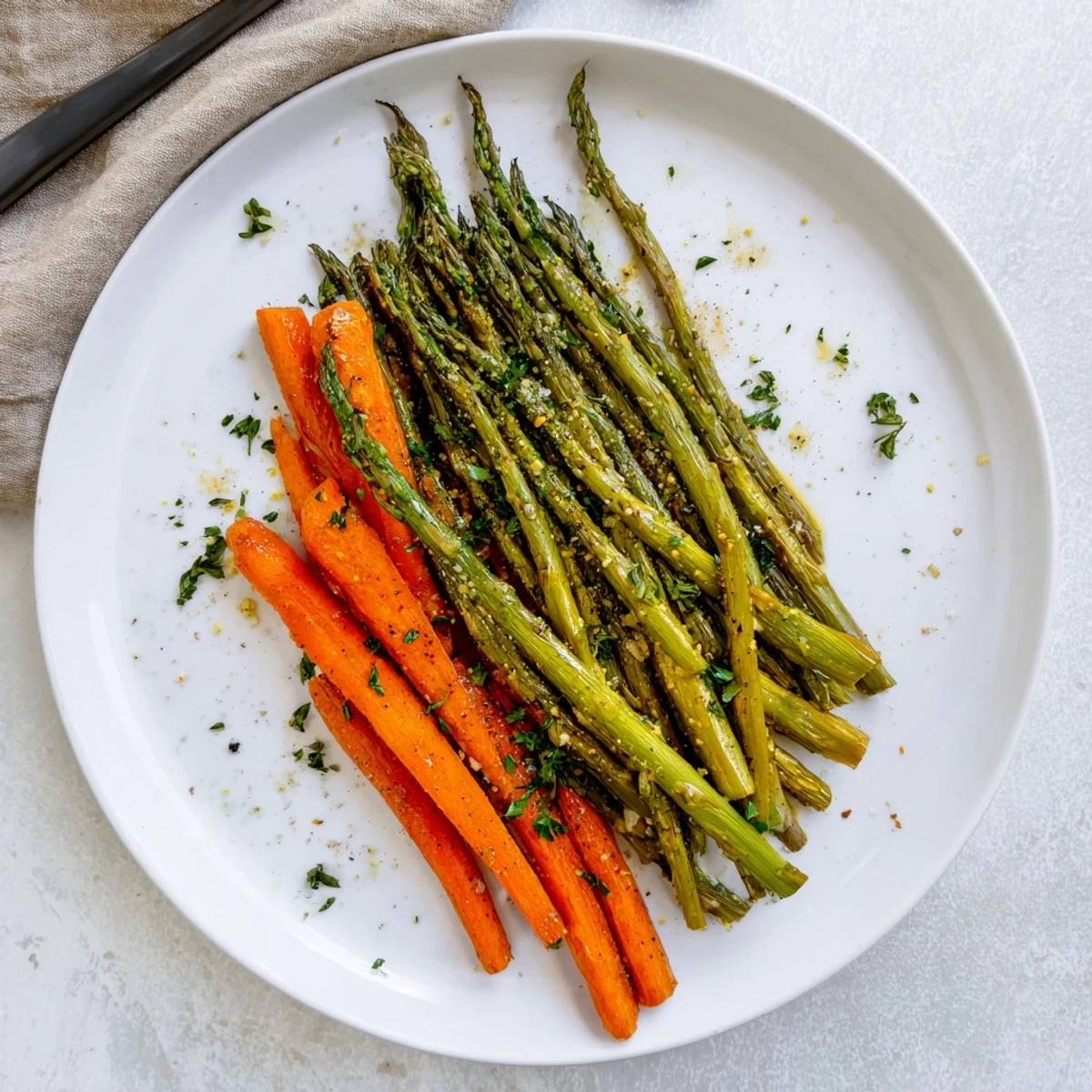 Golden roasted asparagus and caramelized carrot sticks seasoned with herbs and olive oil on a white baking sheet