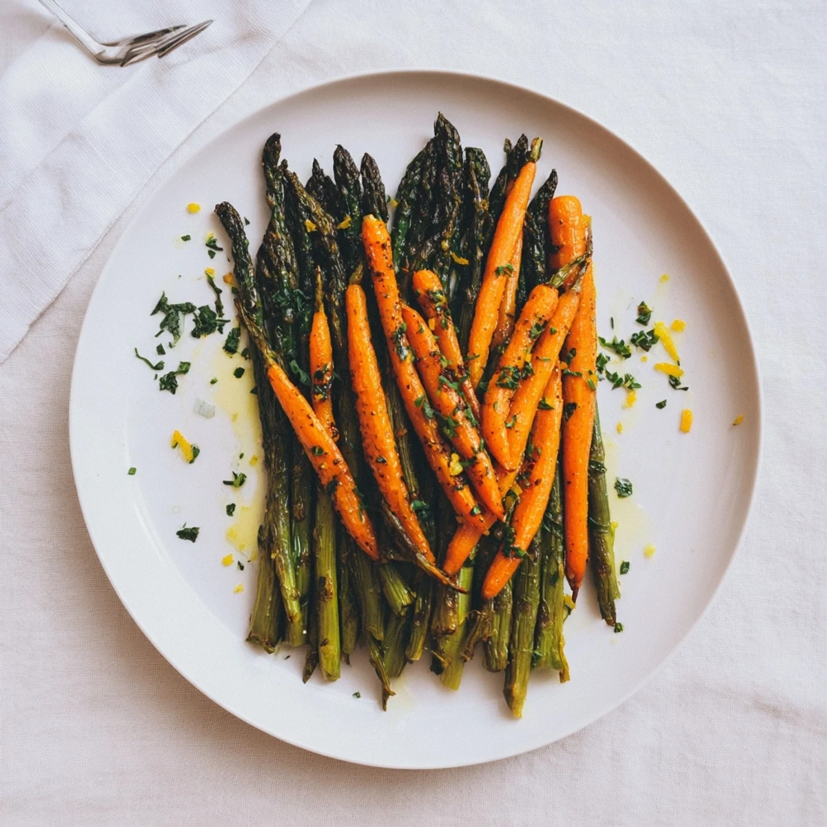 Colorful roasted asparagus and carrots arranged on a serving platter with fresh parsley and bright lemon zest garnish