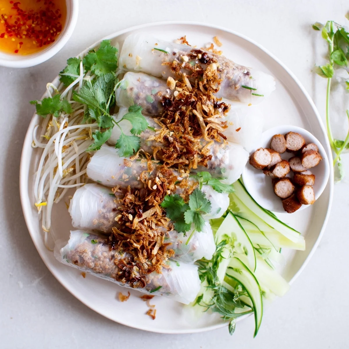 Steamed Banh Cuon rice rolls filled with savory pork and wood ear mushroom mixture