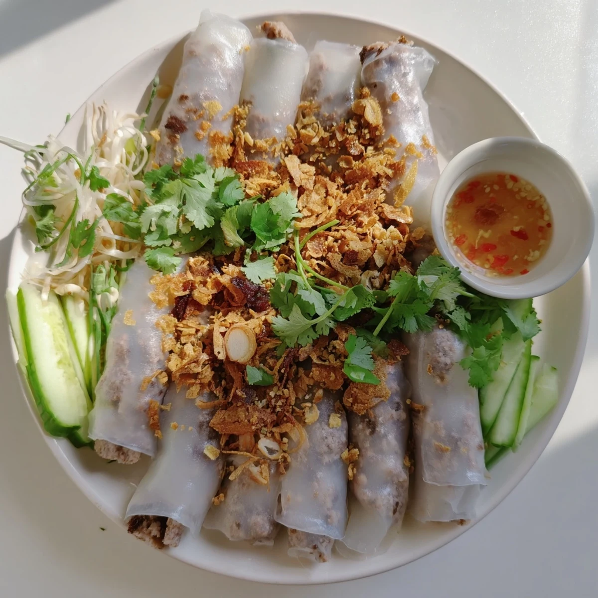 Delicate translucent rice flour sheets wrapped around seasoned ground pork with fresh cilantro