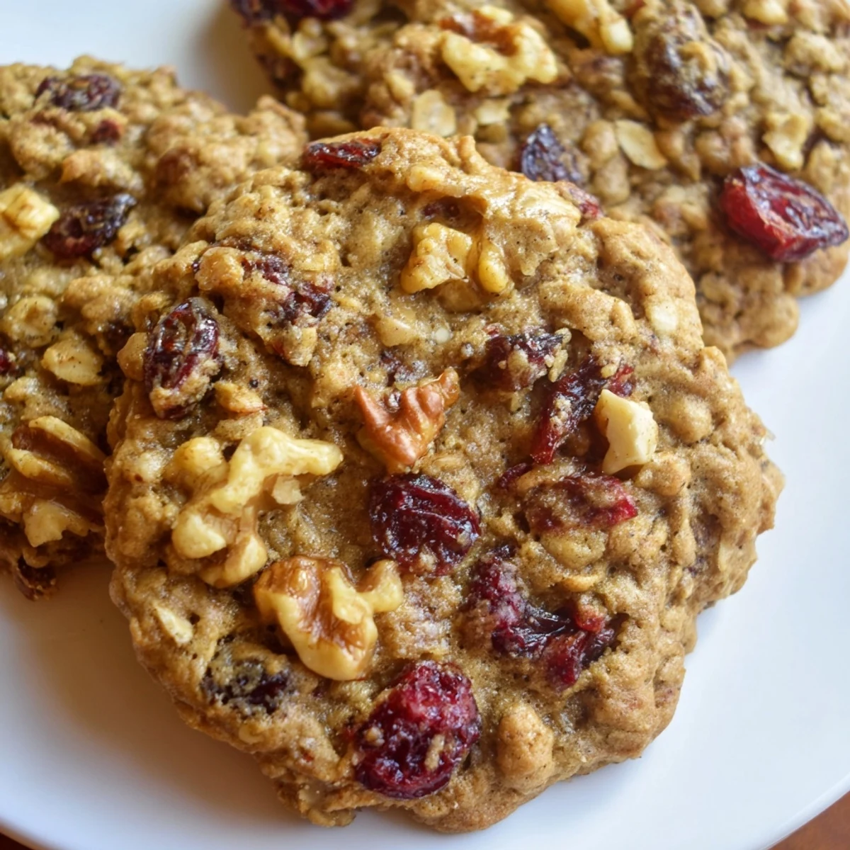Golden chai oatmeal craisin cookies stacked on a wooden cutting board, edged with warm spices and studded with tart red cranberries
