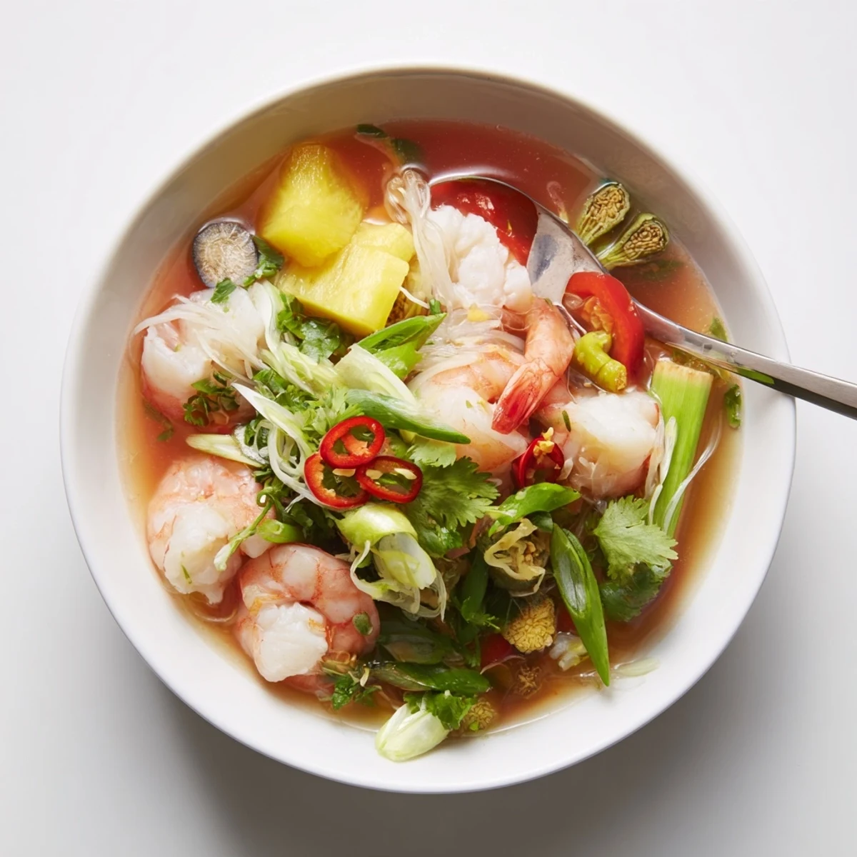 Golden bowl of Vietnamese Canh Chua soup with tender white fish chunks, juicy pineapple pieces, and vibrant fresh herbs floating in aromatic broth