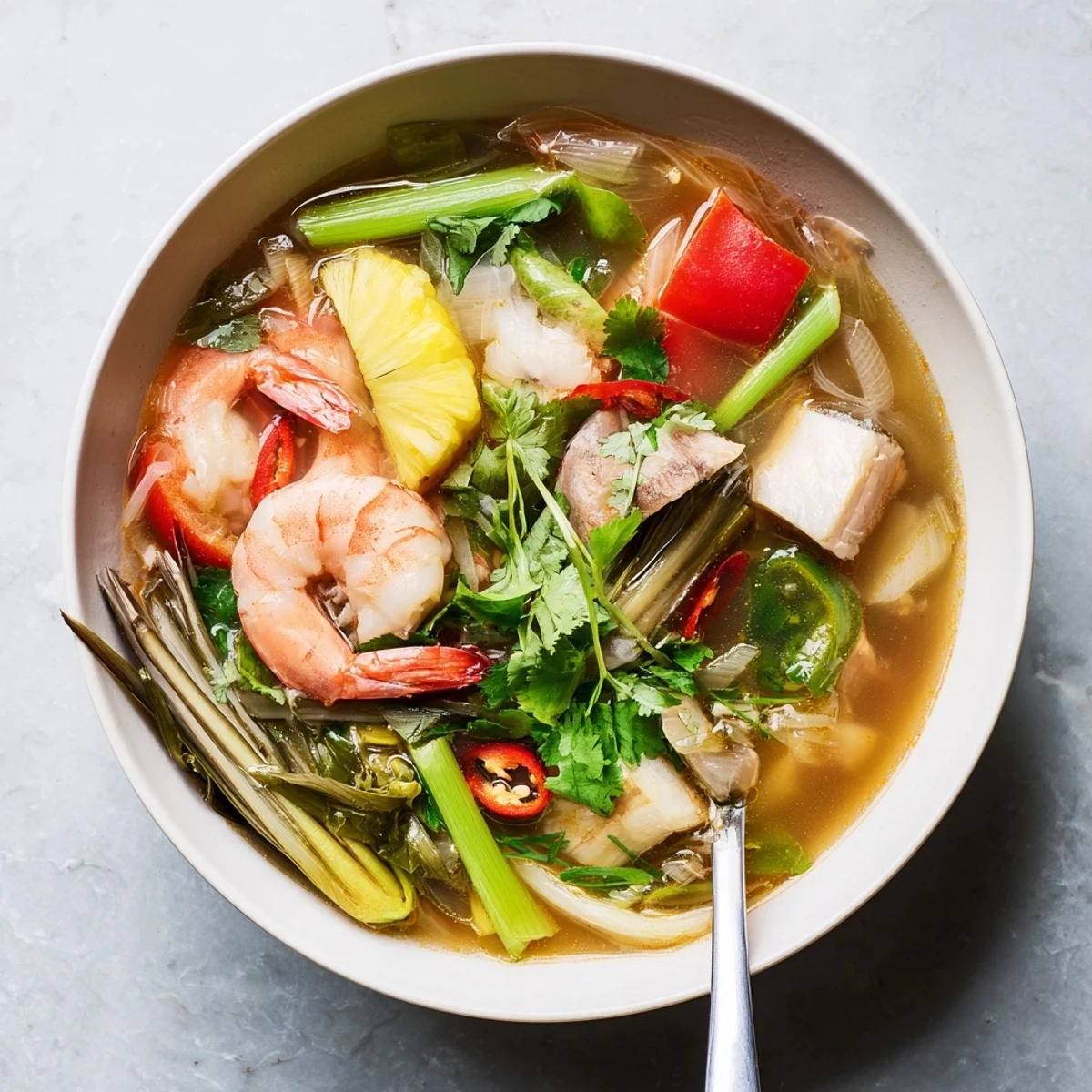 Steaming Canh Chua Vietnamese sweet and sour soup featuring plump shrimp, red tomato wedges, and green bean sprouts in tangy tamarind broth