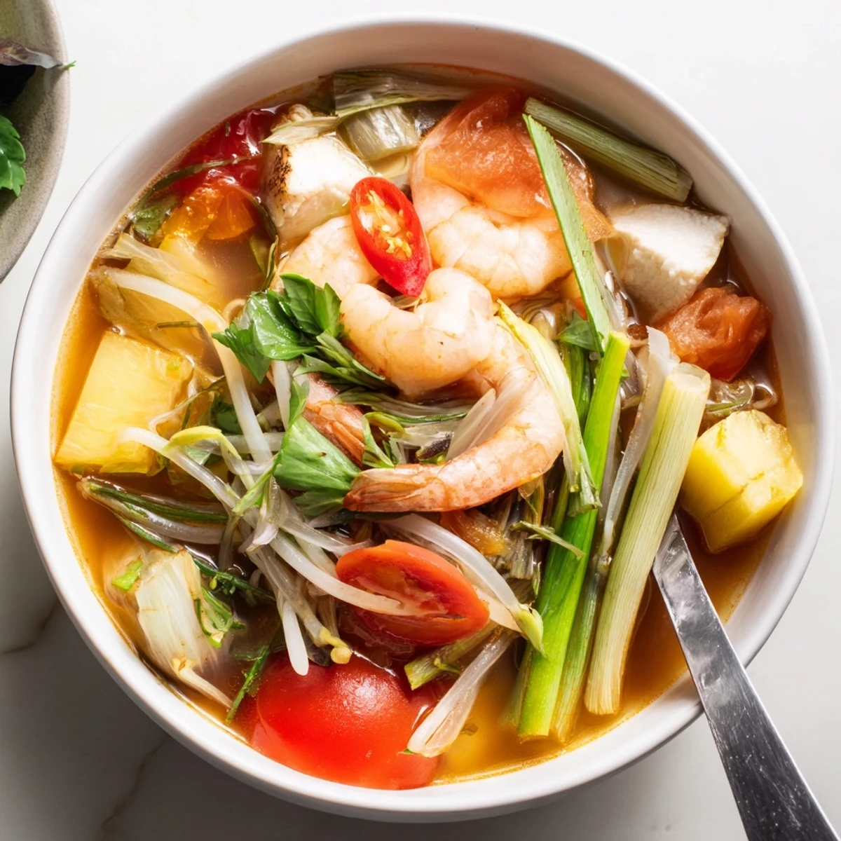 Rustic earthenware bowl filled with Canh Chua soup displaying colorful layers of pineapple, okra, cilantro, and flaky fish in savory sour broth