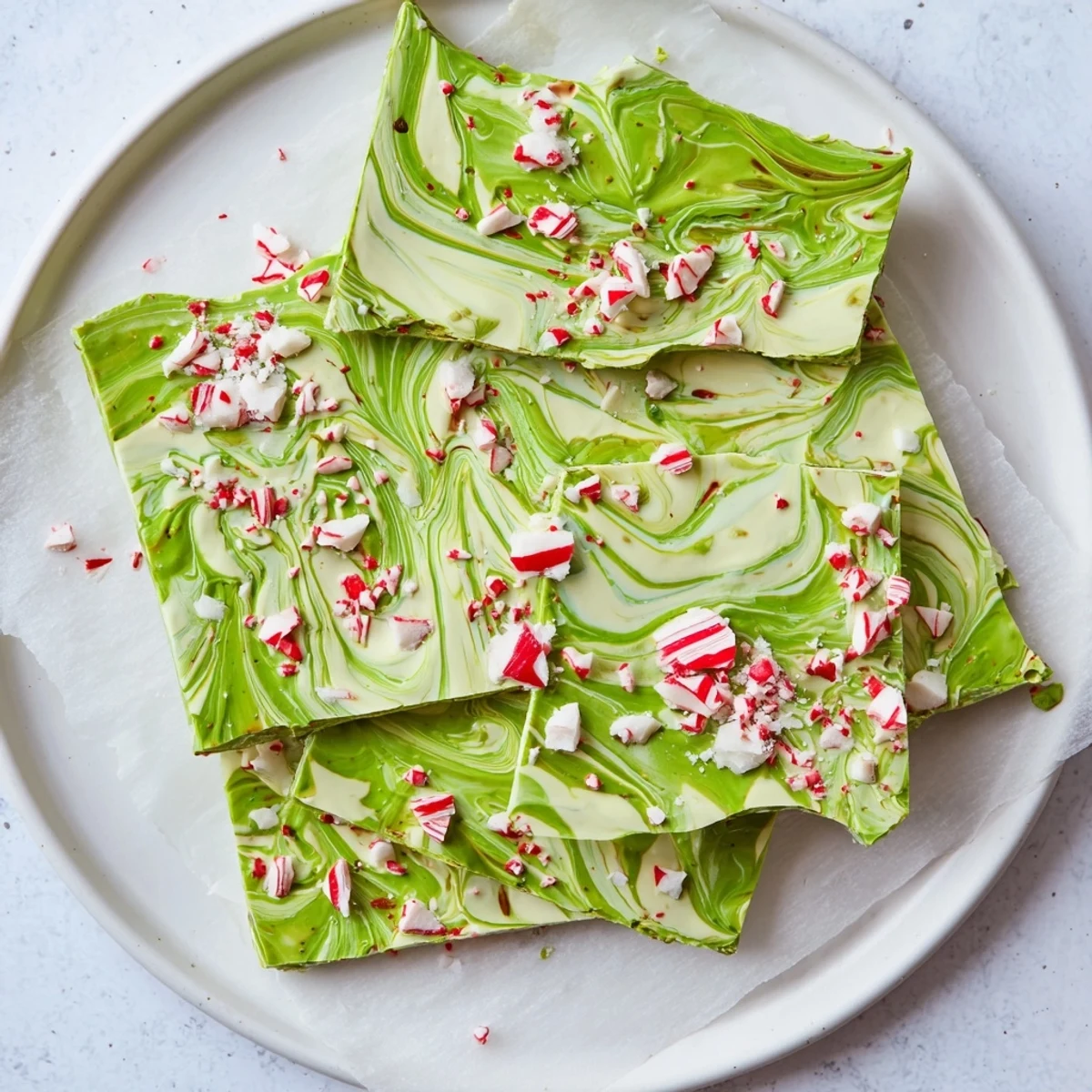 Creamy matcha peppermint bark marbled with vibrant green swirls and topped with crushed candy canes