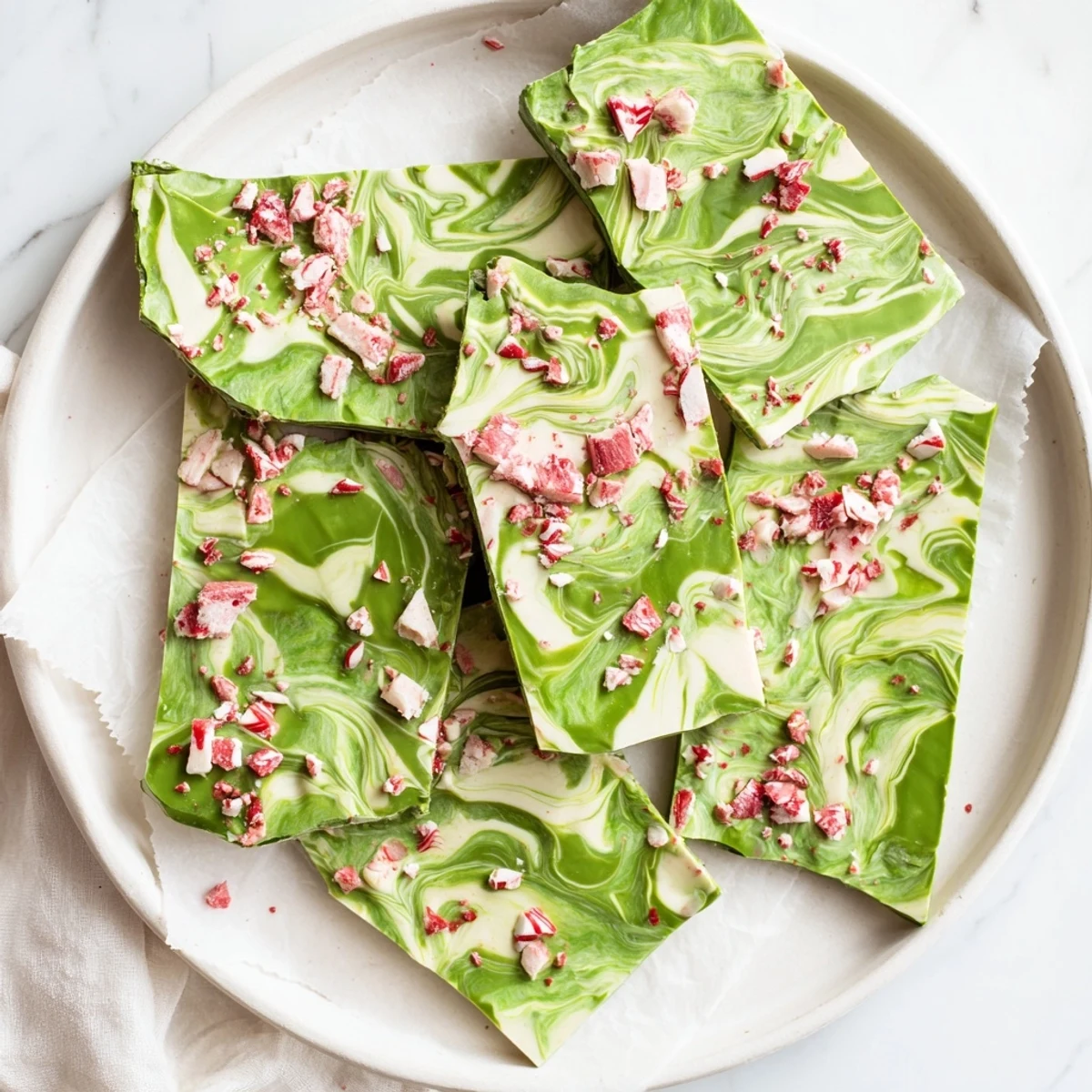 Swirled white chocolate matcha peppermint bark sprinkled with crunchy red and white peppermint candy pieces