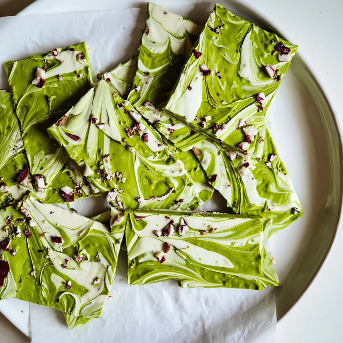 Festive homemade matcha peppermint bark broken into pieces on a white marble serving board