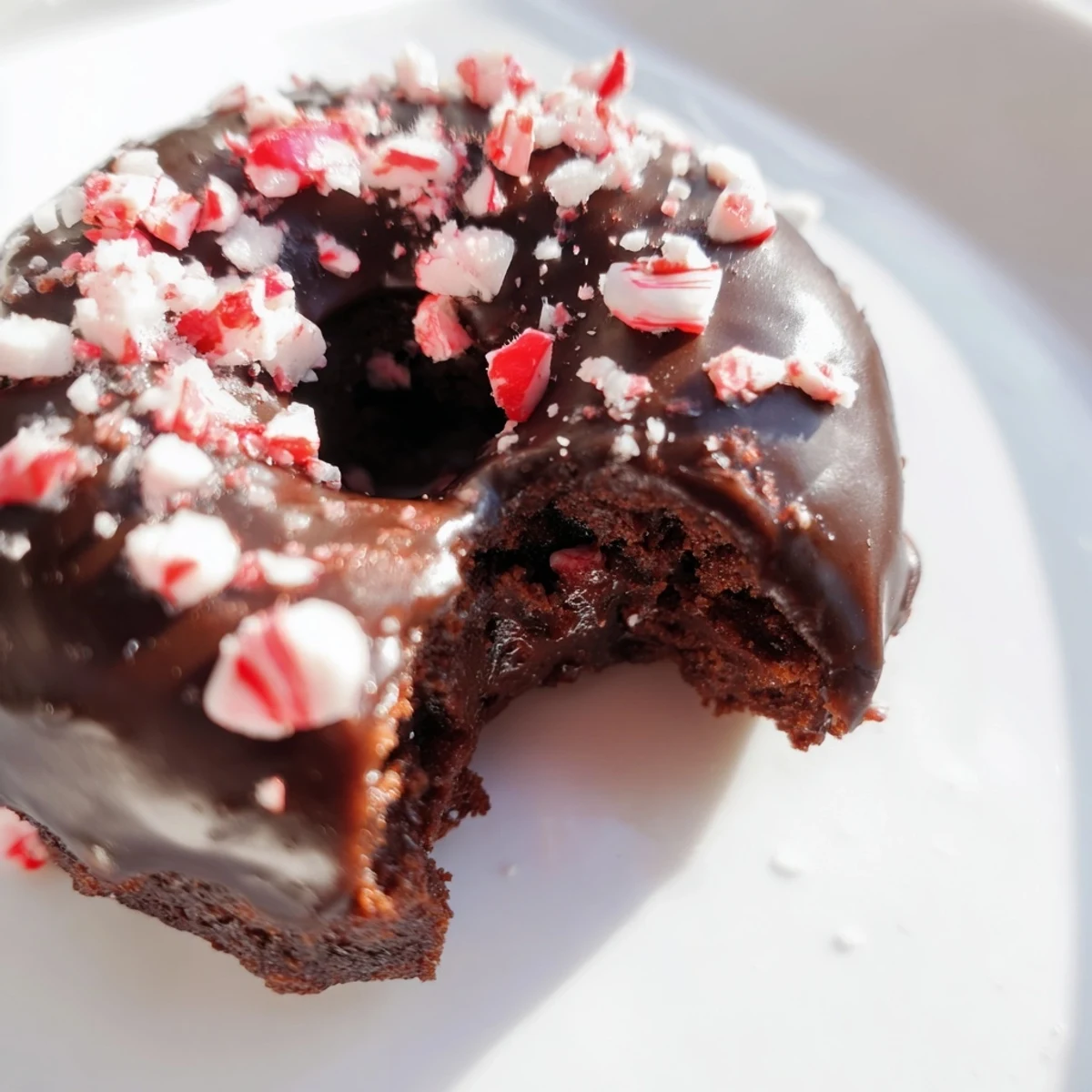 Soft chewy chocolate peppermint mochi donuts drizzled with dark glaze and crushed candy cane pieces