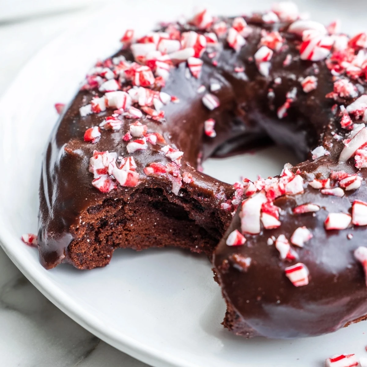 Glazed chocolate peppermint mochi donuts topped with festive peppermint candy crumbles on a white serving plate