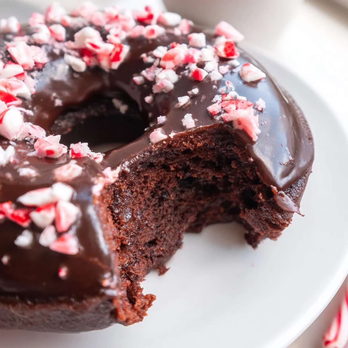 Chocolate peppermint mochi donuts with rich cocoa glaze and sparkling crushed candy canes for holidays
