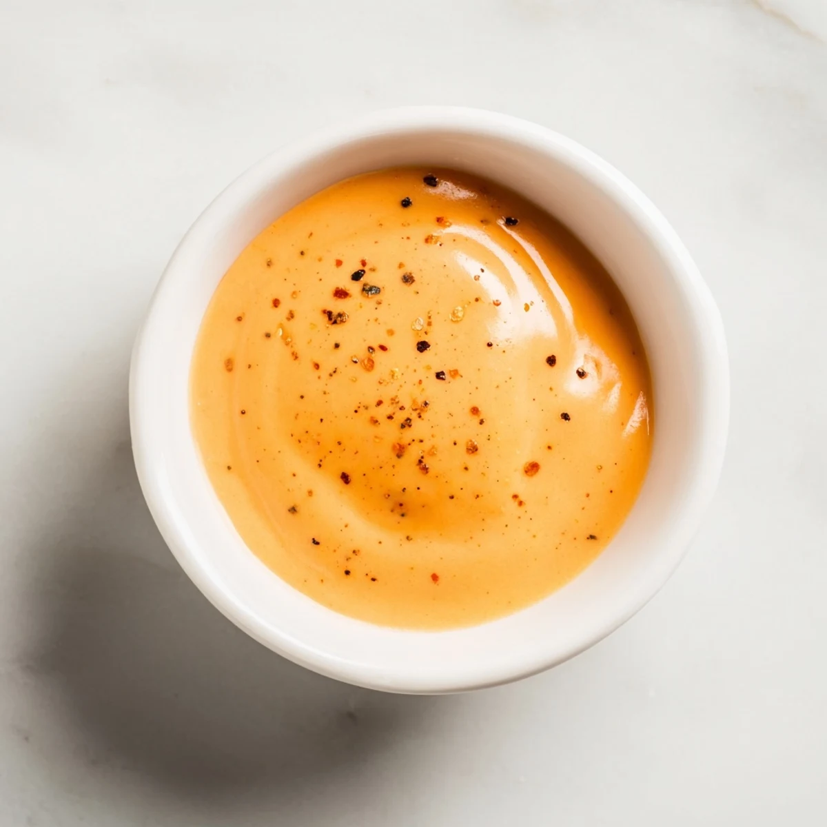 Creamy orange snappy cheddar sauce bubbling in a white ceramic bowl with garnish