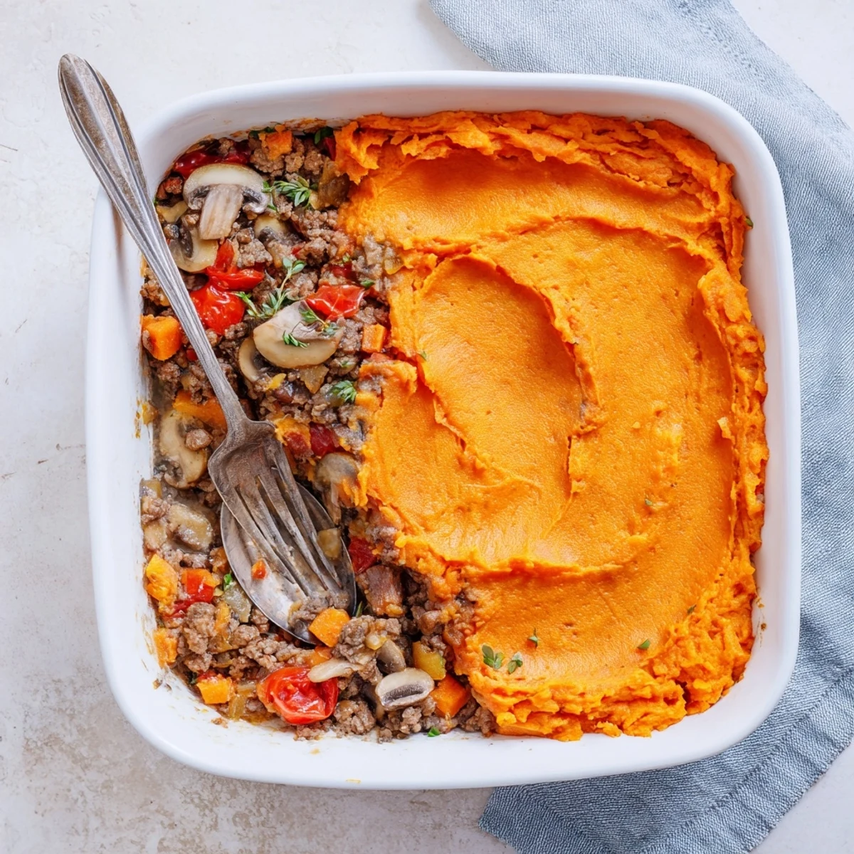 Golden sweet potato mash tops a bubbling beef cottage pie with tomatoes and mushrooms