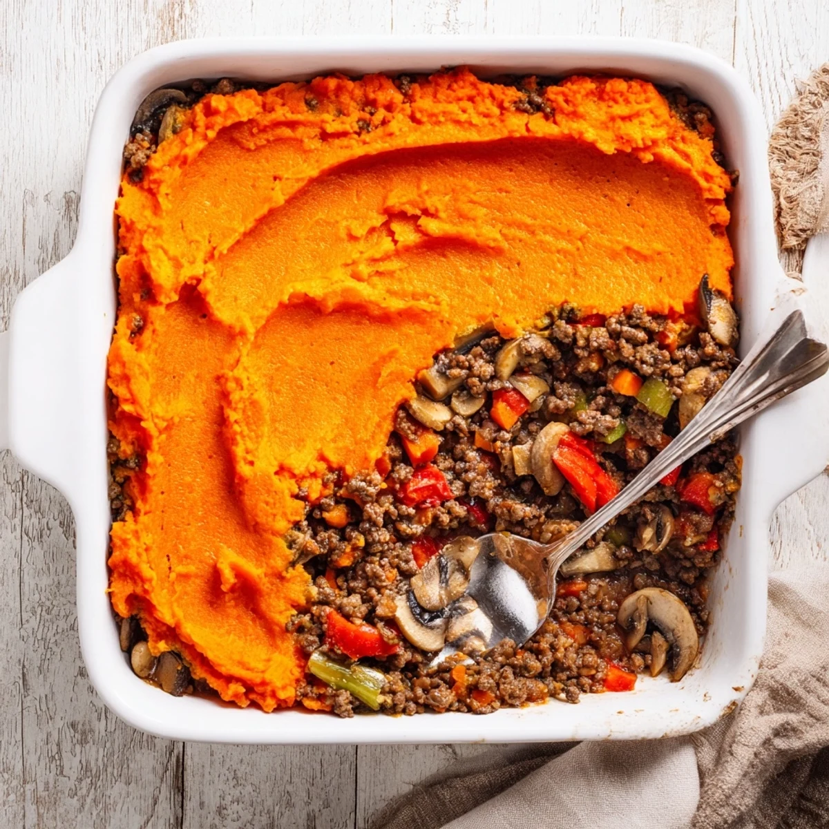 Hearty beef, tomato, and mushroom cottage pie layered under creamy sweet potato crust