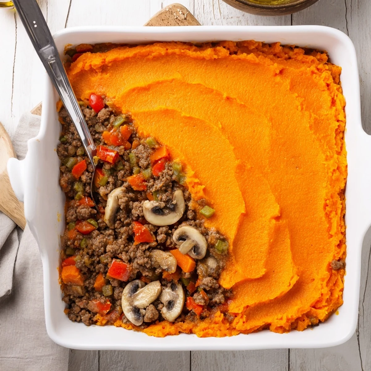 Savory ground beef filling with diced tomatoes and mushrooms beneath whipped sweet potato topping