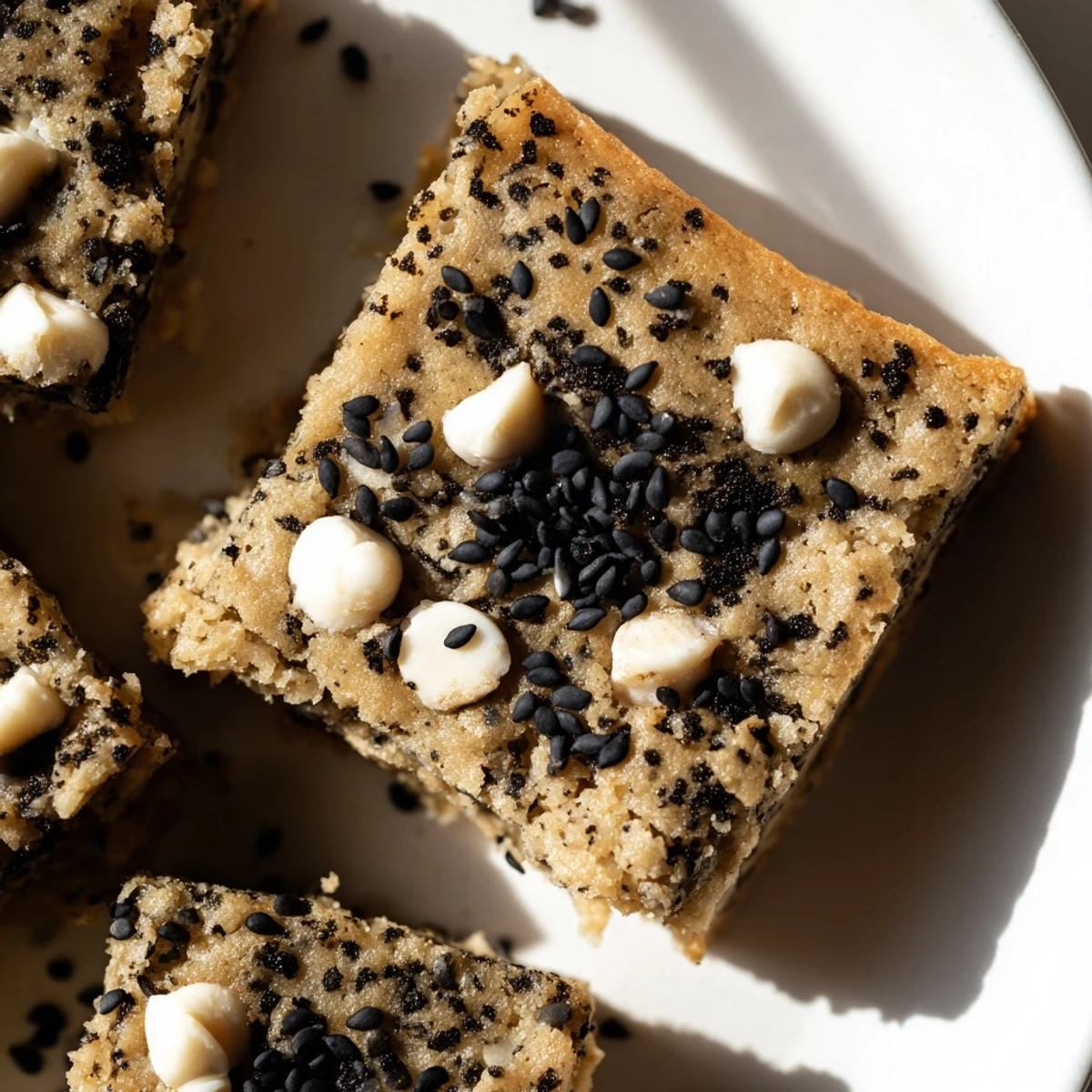 Chewy black sesame blondies sprinkled with whole sesame seeds on a golden baked tray