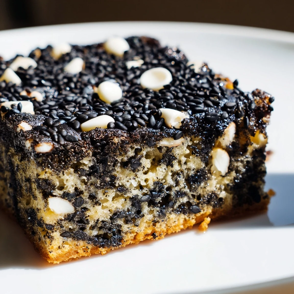 Rich black sesame blondies with a fudgy center and white chocolate chips throughout