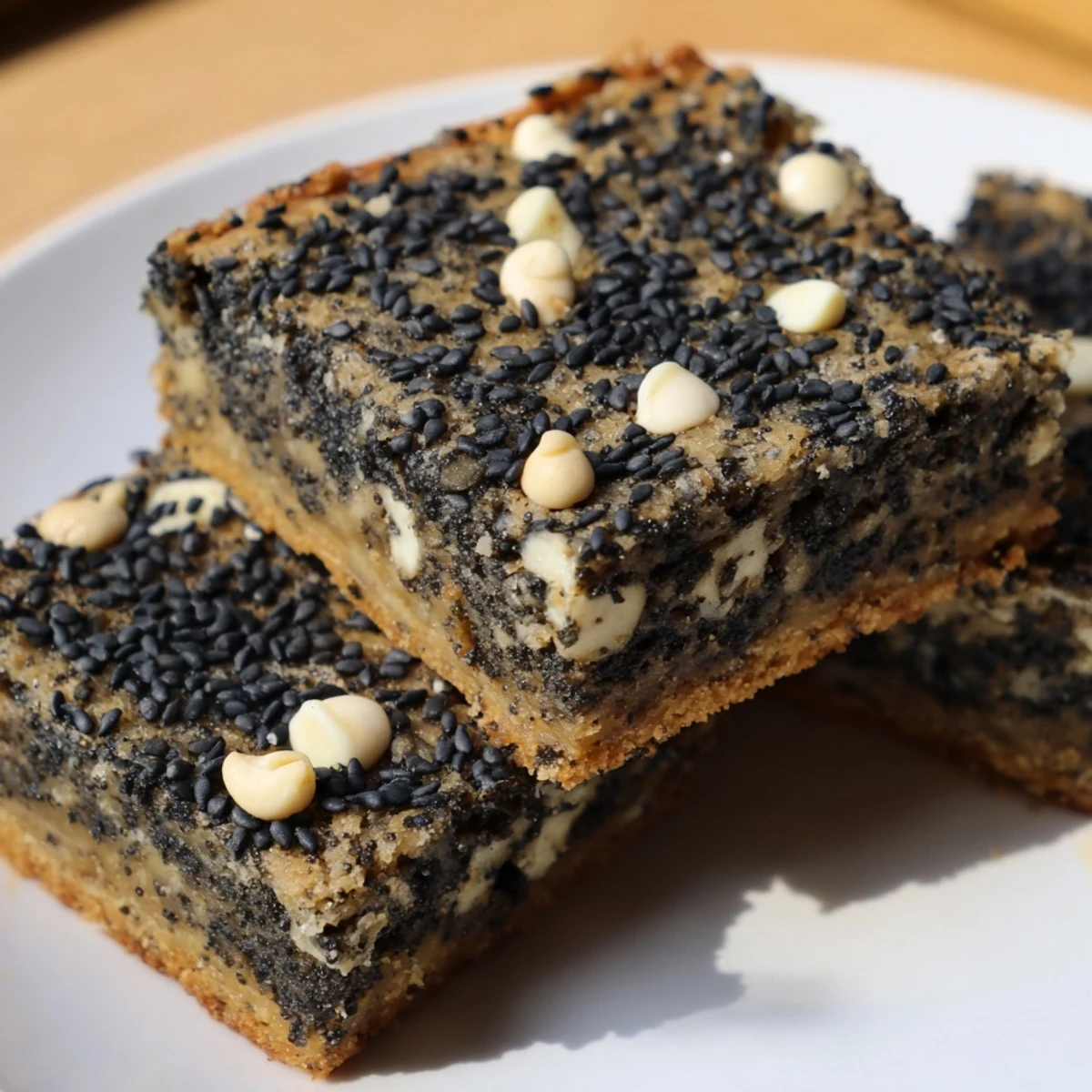 Homemade black sesame blondies cut into squares showcasing their dark, nutty speckled crumb
