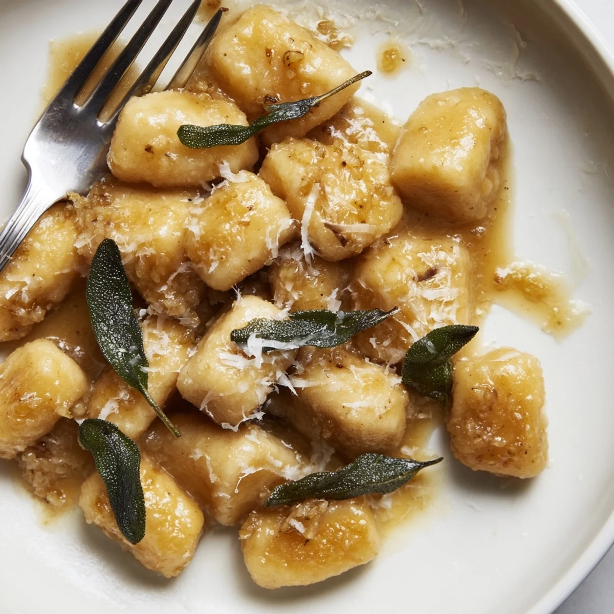 Pillowy potato gnocchi coated in nutty brown butter sauce with aromatic crisp sage garnish on white plate