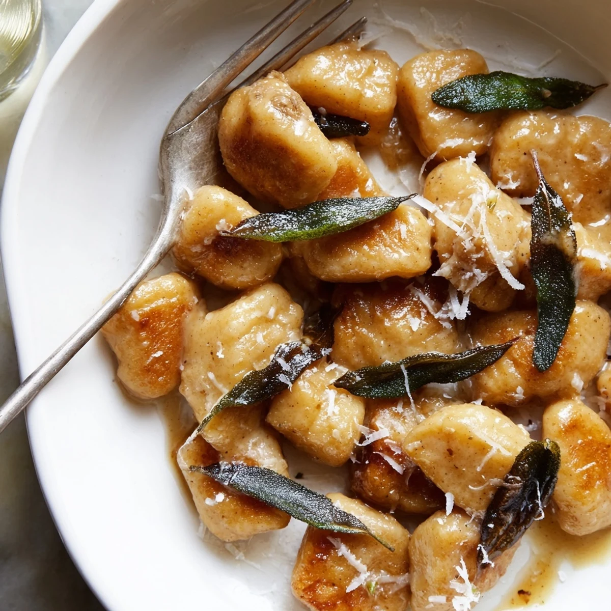 Golden brown butter sage gnocchi plated with crispy fried sage leaves and freshly grated Parmesan cheese