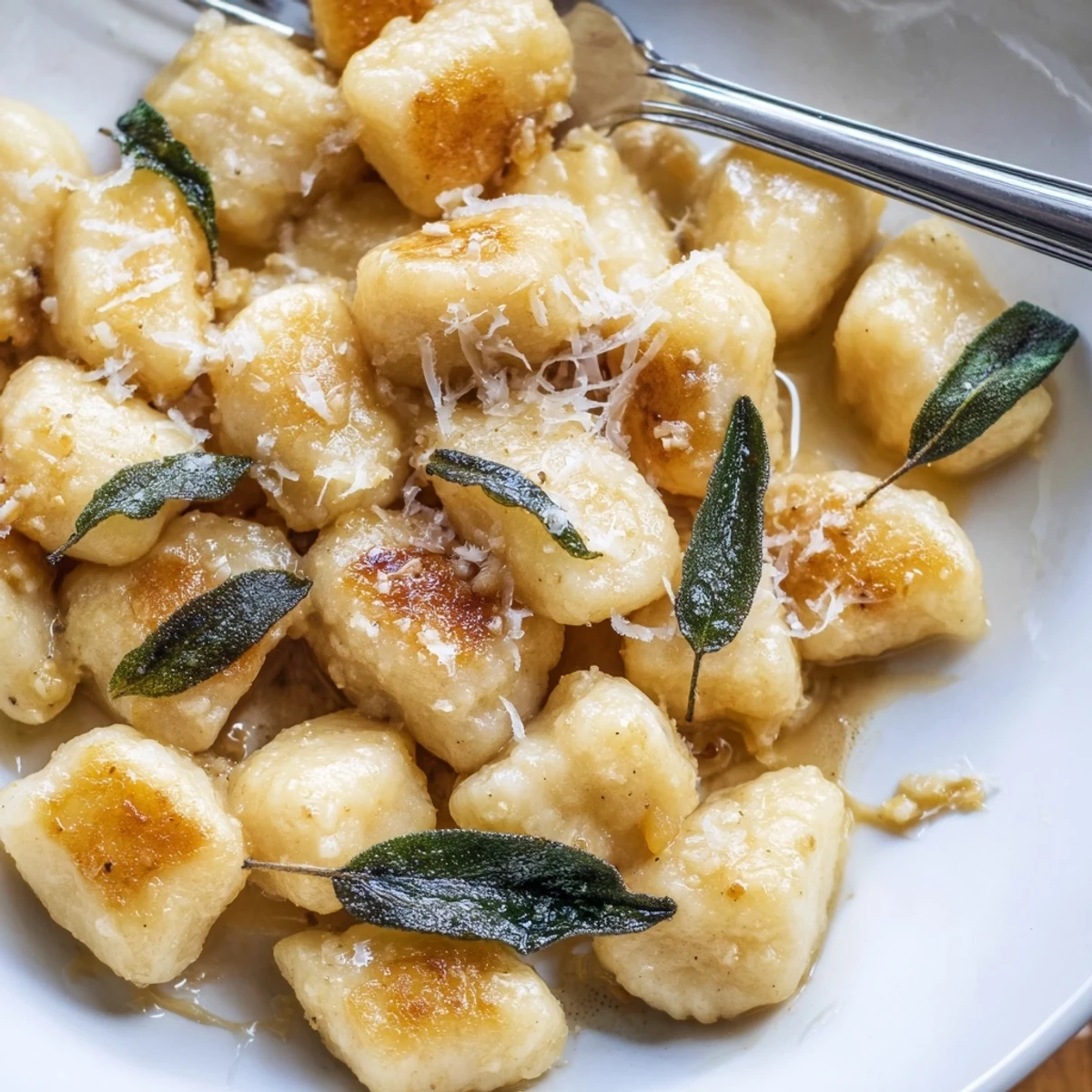 Close up of brown butter sage gnocchi dish featuring golden sauce and melted Parmesan topping