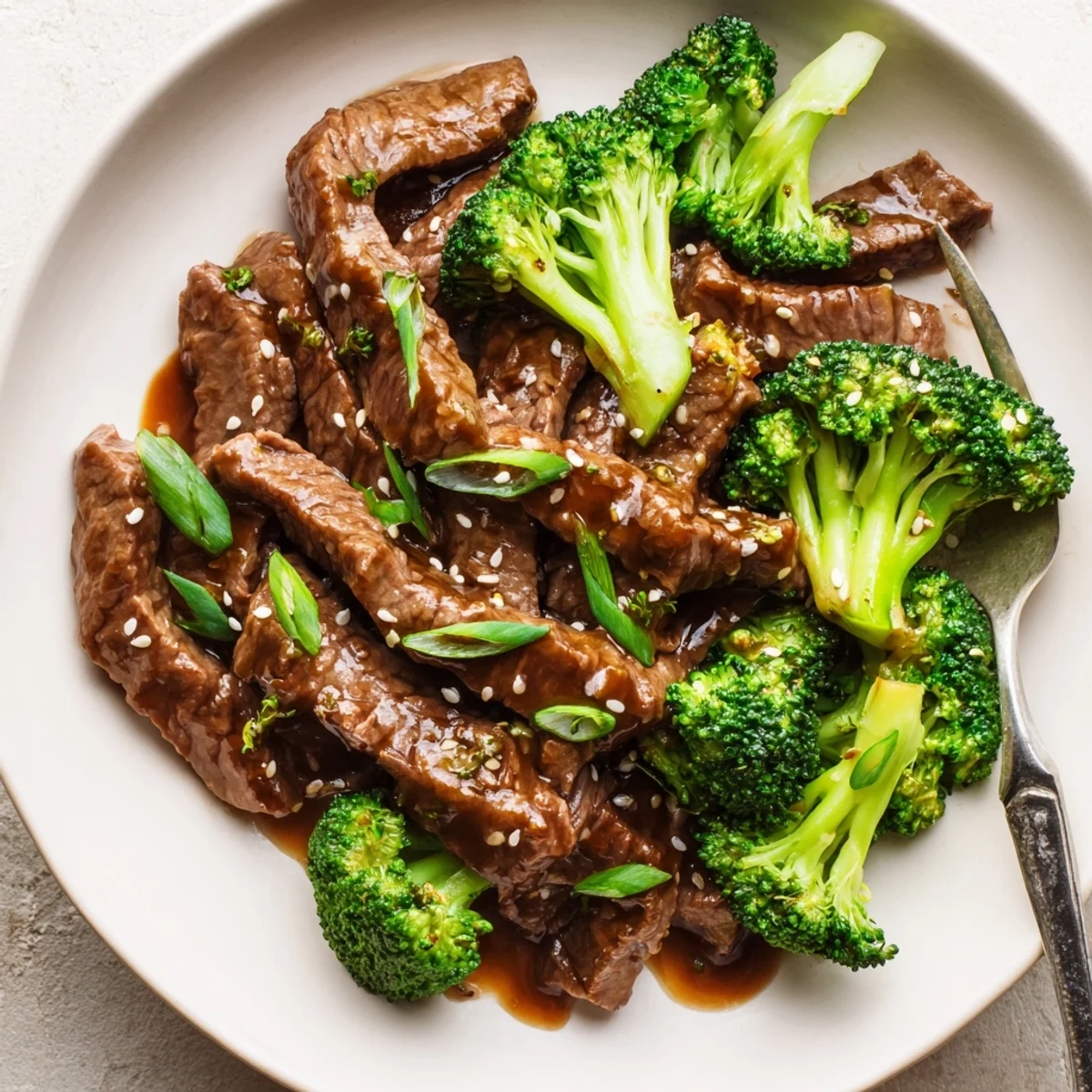 Instant Pot beef and broccoli steaming in a dark ceramic bowl topped with sesame seeds and green onions