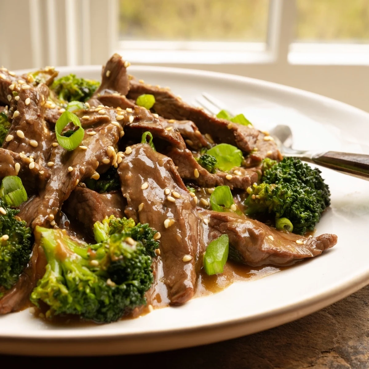 Succulent slices of flank steak paired with vibrant broccoli in a glossy sweet and savory Asian-style sauce