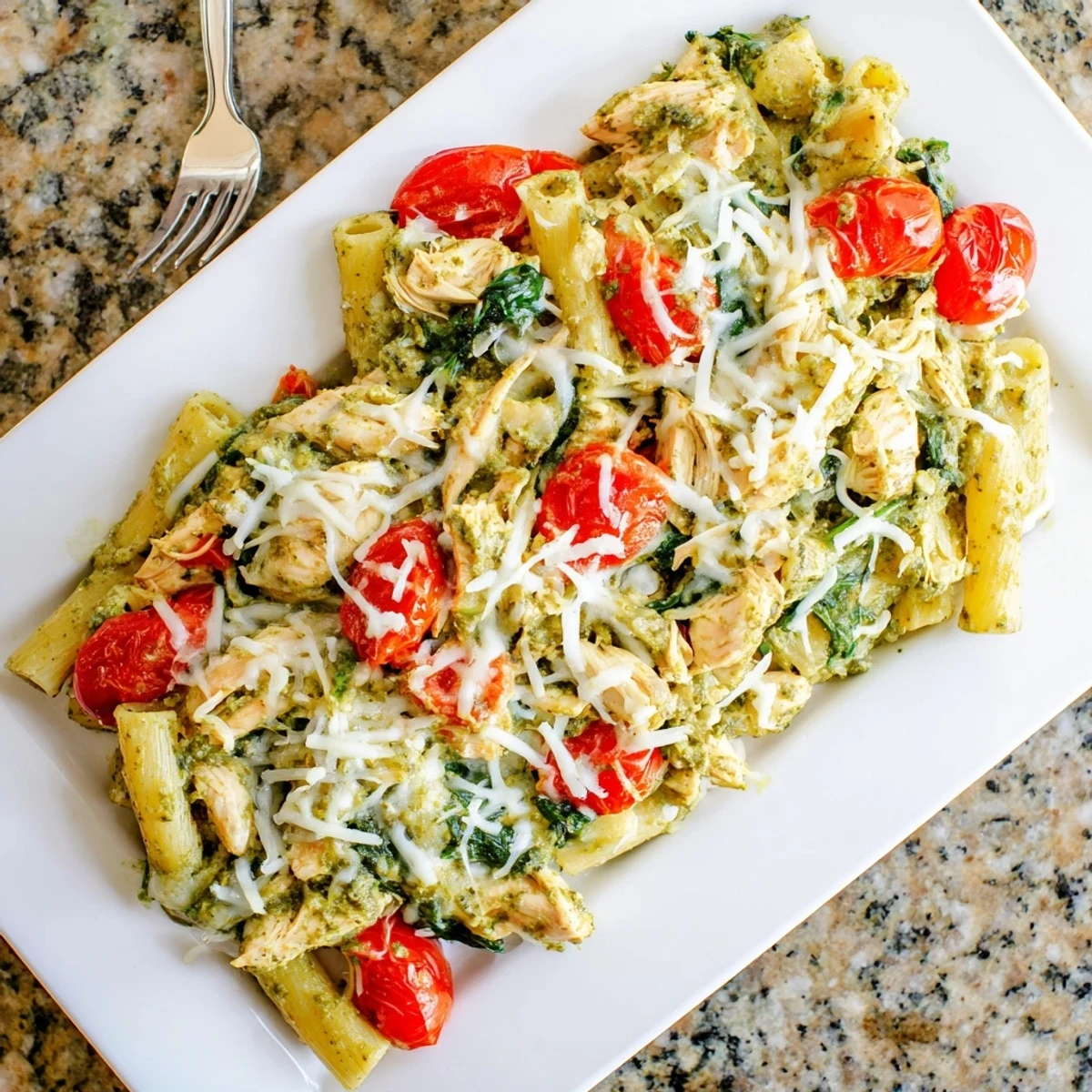 Golden bubbling cheese topping creamy pesto chicken pasta bake with fresh cherry tomatoes