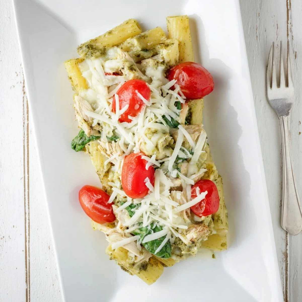 Baked pasta dish featuring tender chicken pieces in rich basil pesto cream sauce