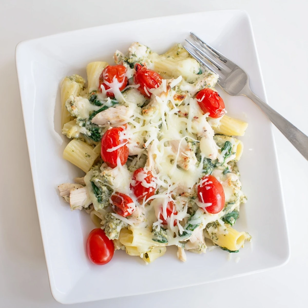 Oven-baked casserole with al dente pasta shredded chicken melted mozzarella and vibrant spinach