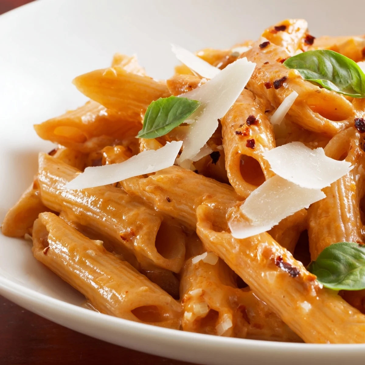 Creamy tomato garlic pasta tossed in velvety sauce with fresh basil sprinkled on top