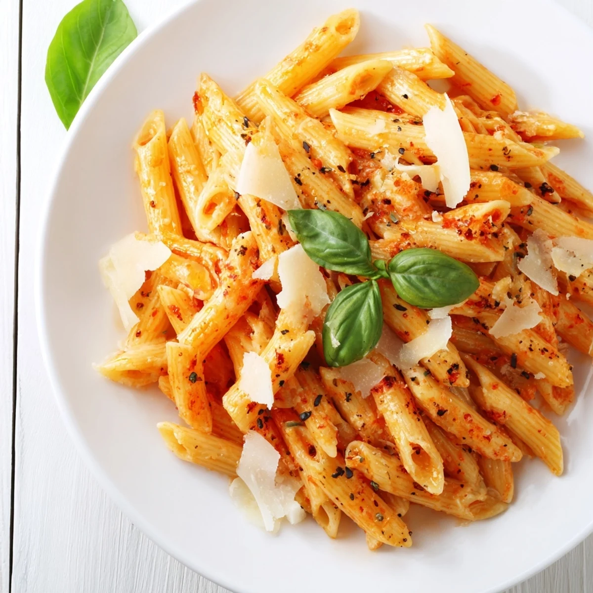 Golden penne coated in rich tomato garlic cream sauce with grated Parmesan melting throughout