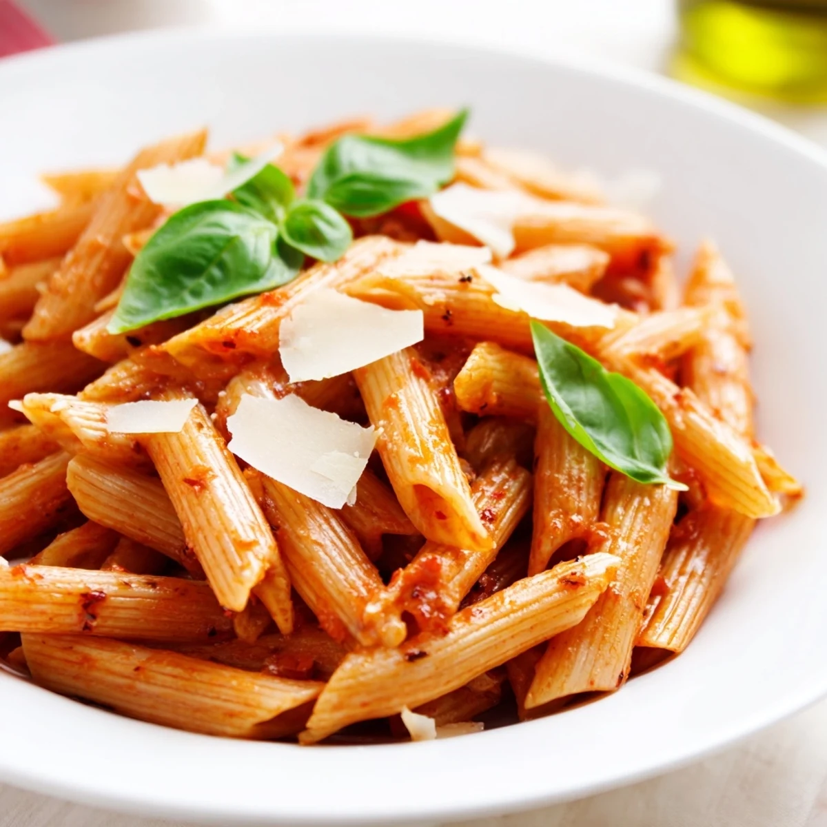 Steaming bowl of creamy tomato garlic pasta garnished with torn basil and extra cheese