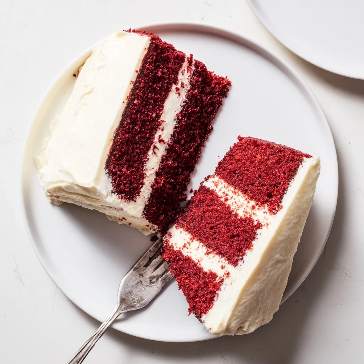 Moist red velvet cake slice revealing tender crimson crumb topped with fluffy white frosting