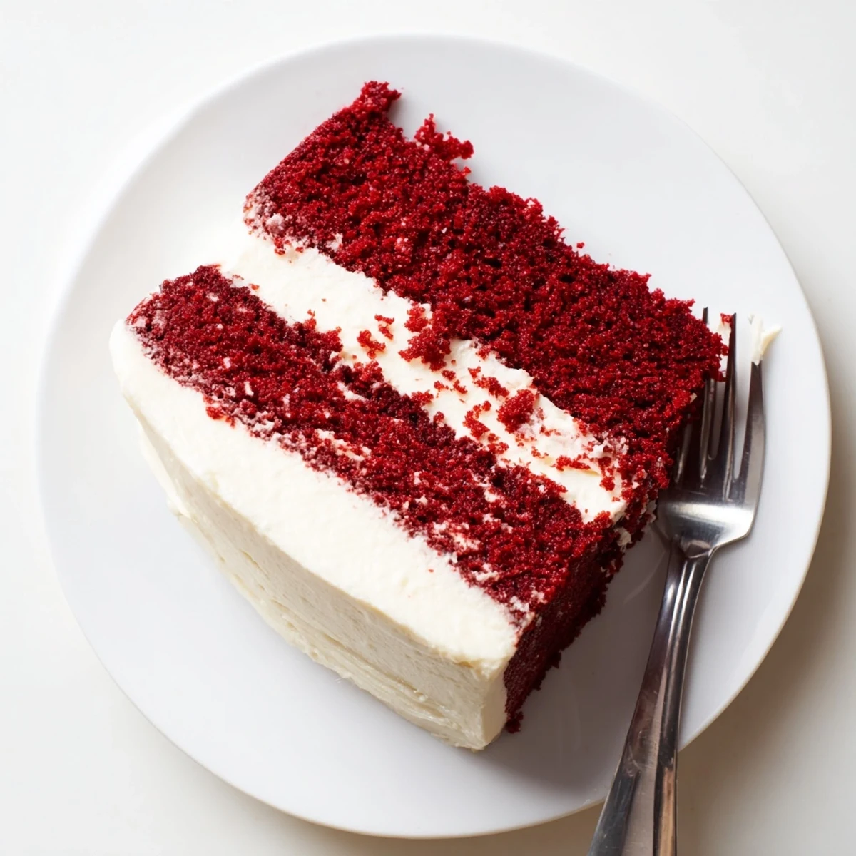 Two-layer red velvet cake with smooth cream cheese frosting and decorative red crumbs